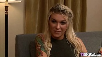 Wild blonde tranny screws and deep throats a fellows giant dick